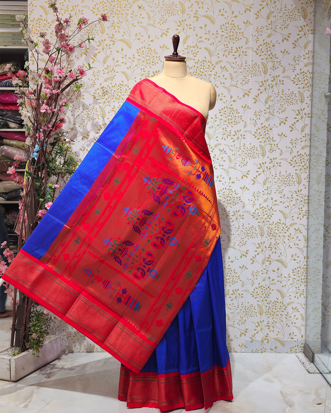 Kadiyal Paithani Saree Soft Silk with Single Line Border & Tissue Peacock Pallu