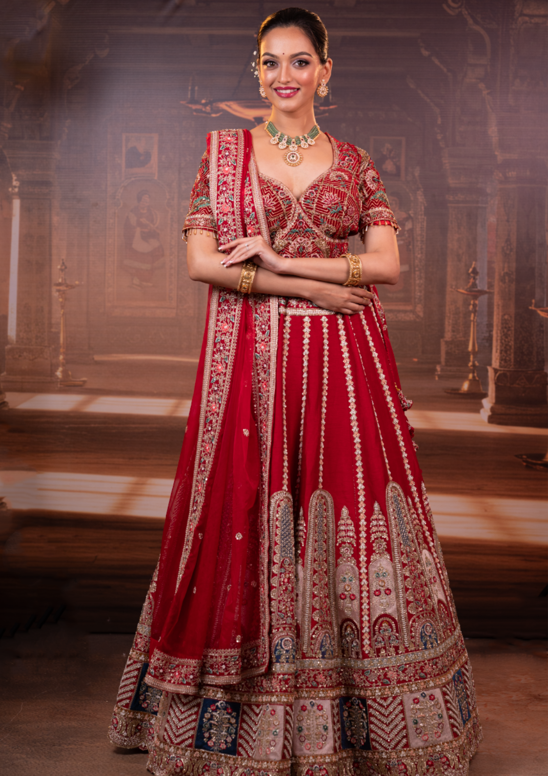 Raw Silk Rajwadi Kali Style Bridal Lehenga | Hand Embroidered