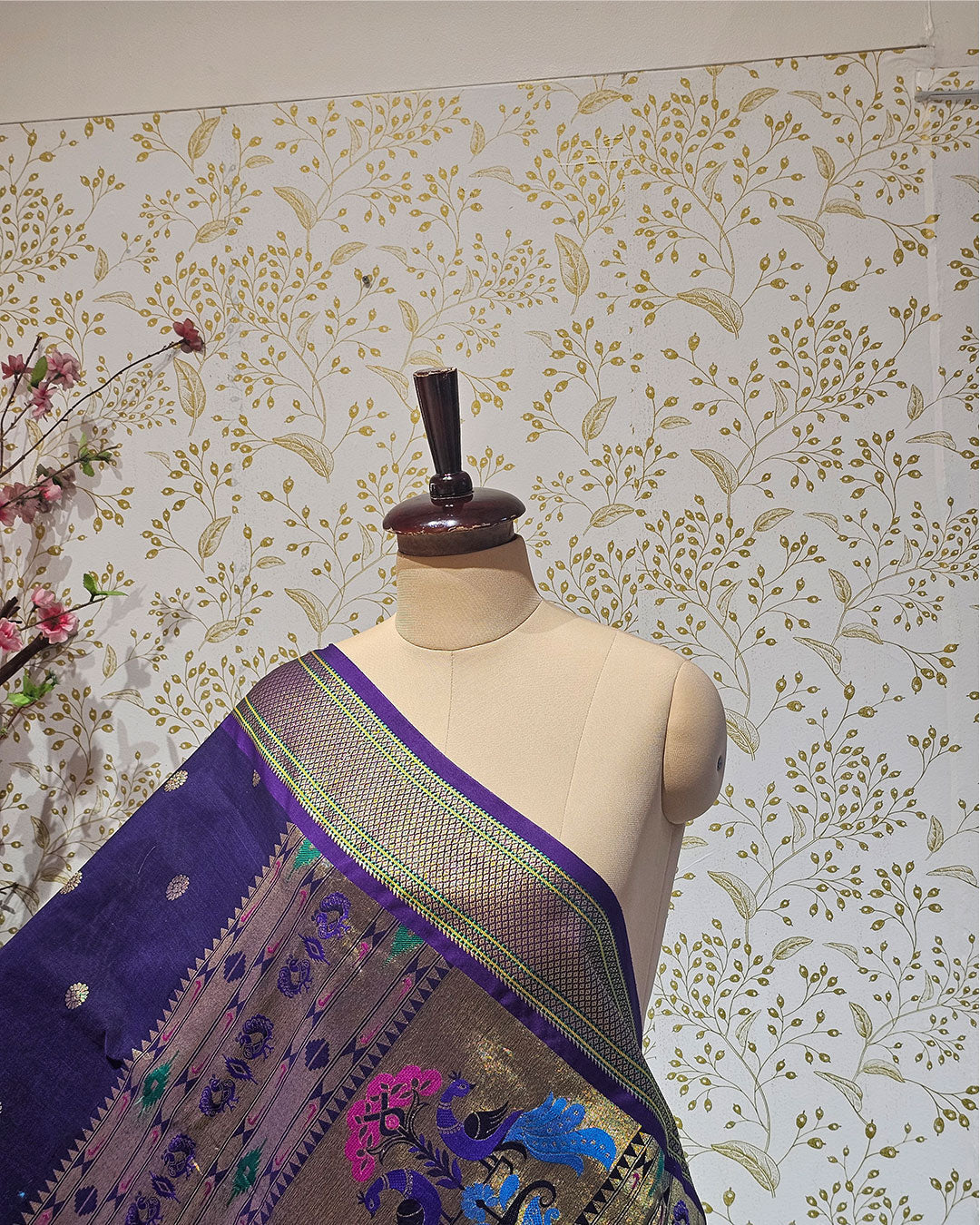 Cotton Paithani Saree  Pure Cotton with Narali Border & Peacock Single Pallu