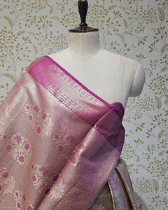 Tissue Kanjivaram Saree Light Gold Zari Leaf Butti & Skirt Border with Brocade Pallu
