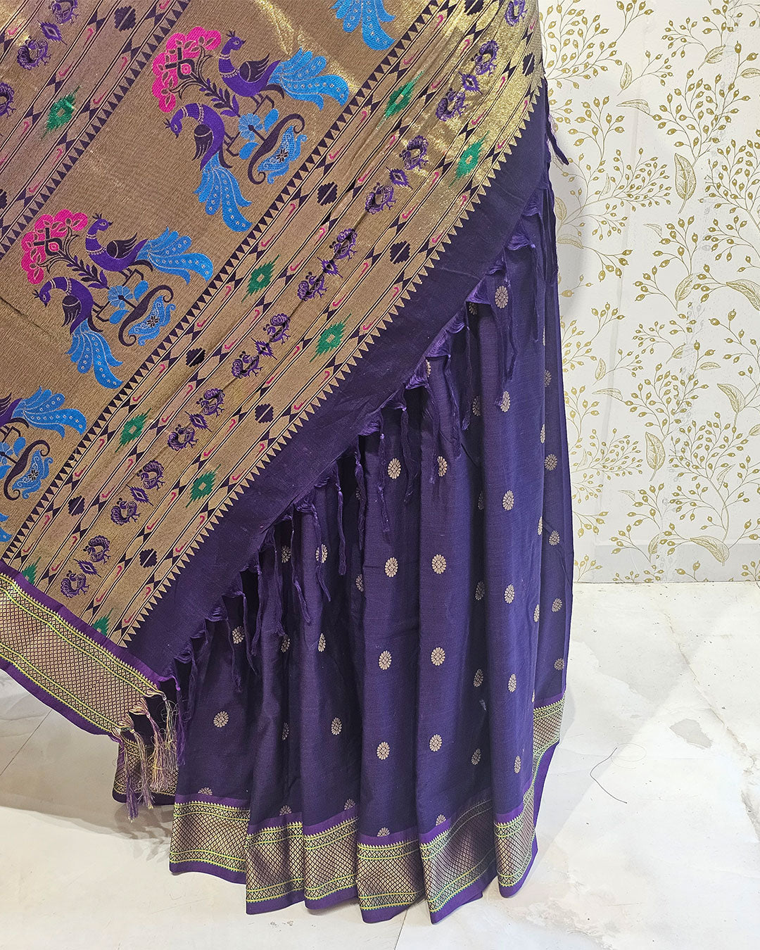 Cotton Paithani Saree  Pure Cotton with Narali Border & Peacock Single Pallu