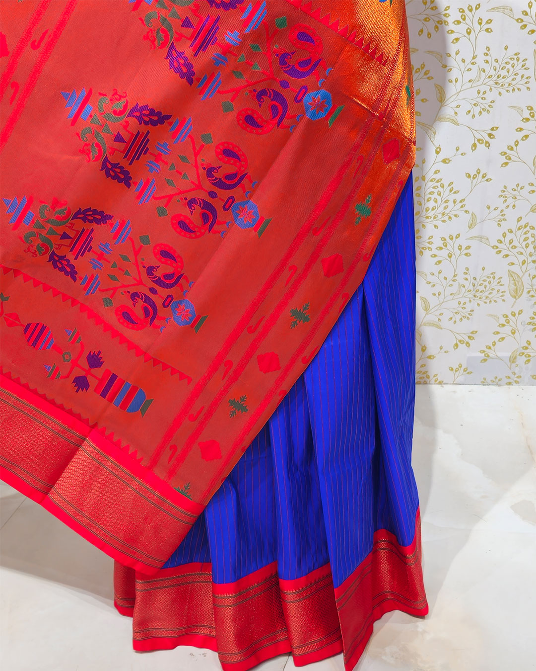 Kadiyal Paithani Saree Soft Silk with Single Line Border & Tissue Peacock Pallu