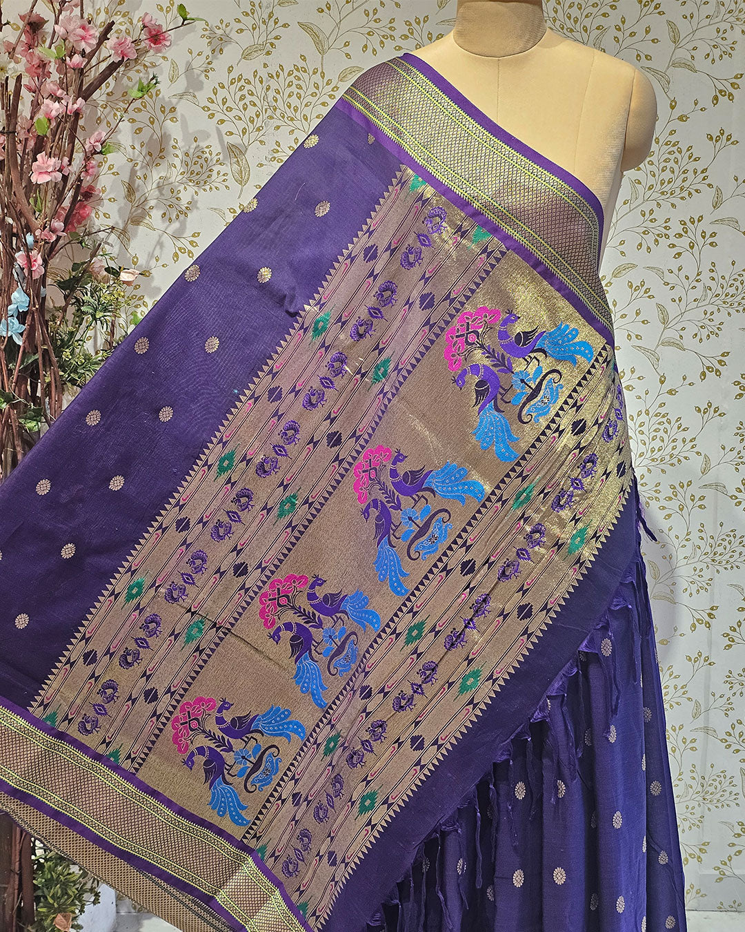 Cotton Paithani Saree  Pure Cotton with Narali Border & Peacock Single Pallu