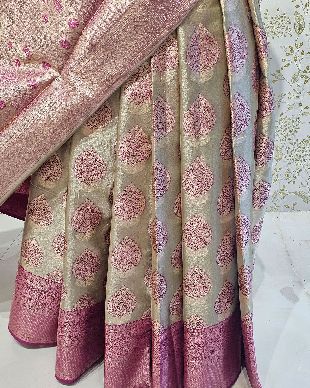 Tissue Kanjivaram Saree Light Gold Zari Leaf Butti & Skirt Border with Brocade Pallu