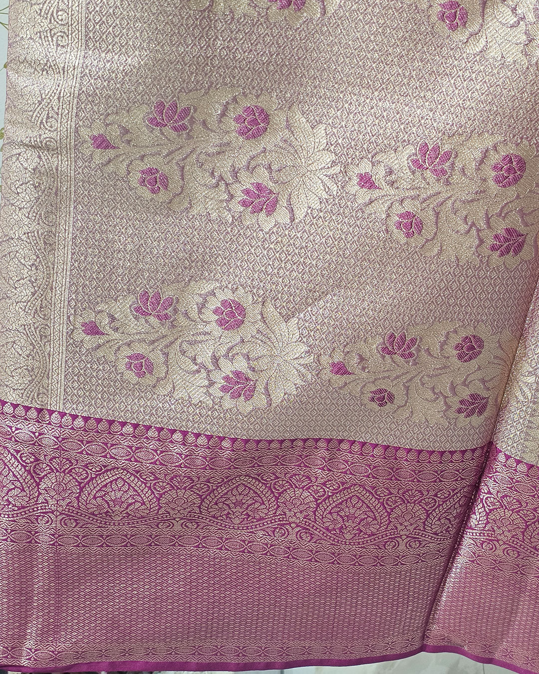 Tissue Kanjivaram Saree Light Gold Zari Leaf Butti & Skirt Border with Brocade Pallu