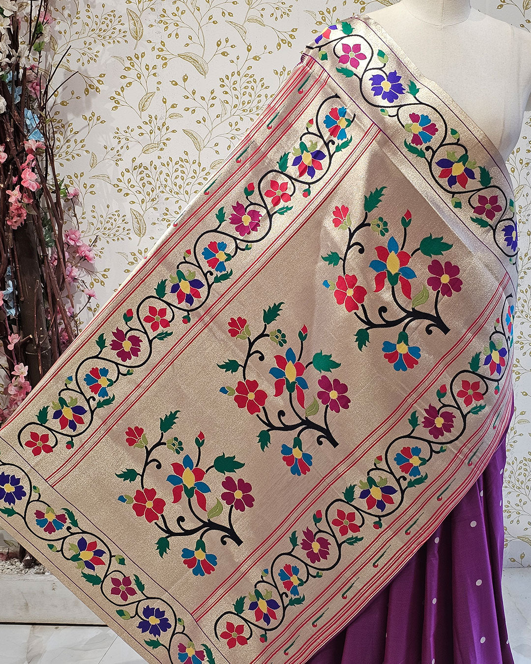 Lotus Paithani Saree  Soft Silk with Lotus Border & Floral Pallu