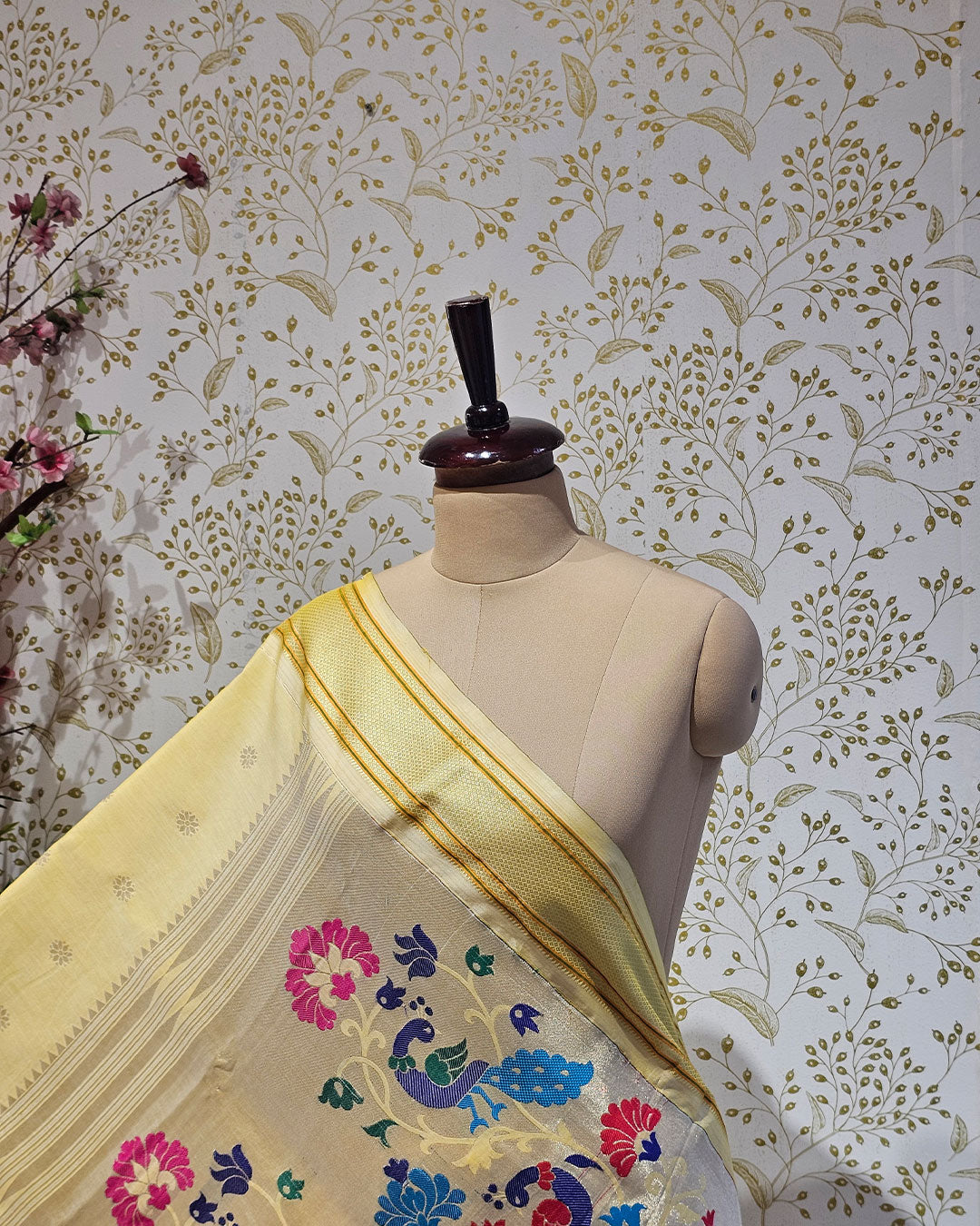 Cotton Paithani Saree  Pure Cotton with Narali Border & Peacock Double Pallu
