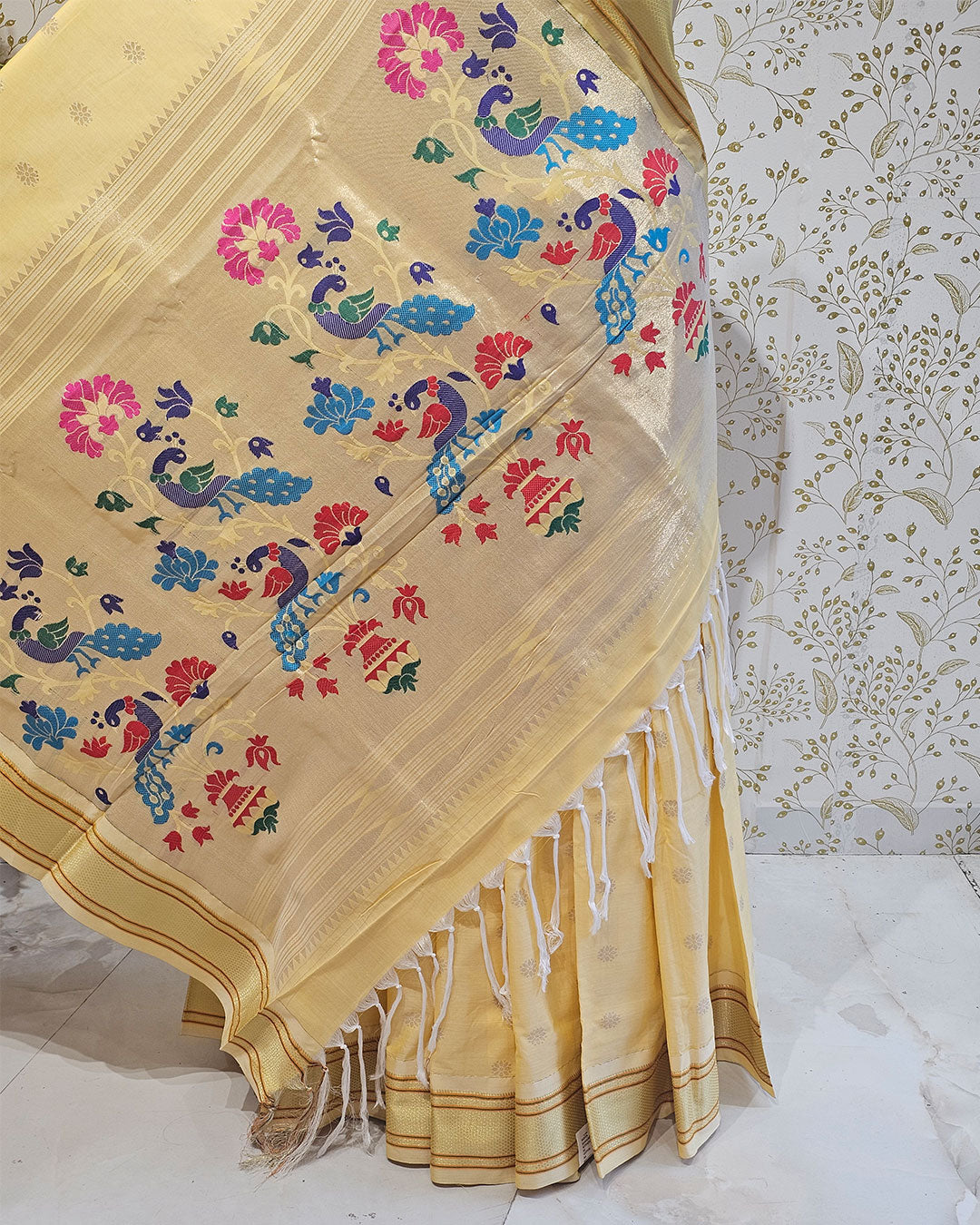 Cotton Paithani Saree  Pure Cotton with Narali Border & Peacock Double Pallu