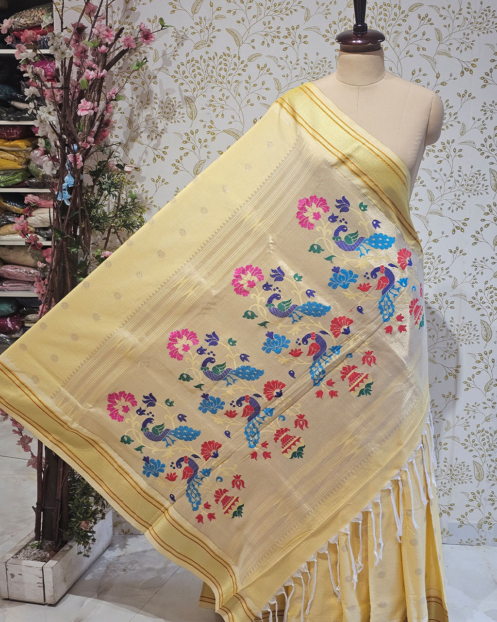 Cotton Paithani Saree  Pure Cotton with Narali Border & Peacock Double Pallu