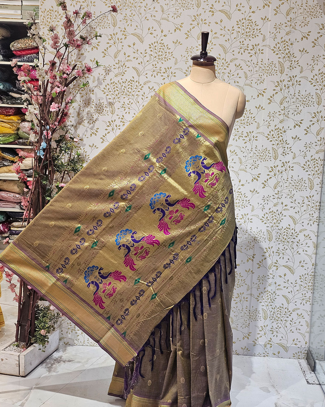 Cotton Paithani Saree  Pure Cotton with Narali Border & Peacock Single Pallu