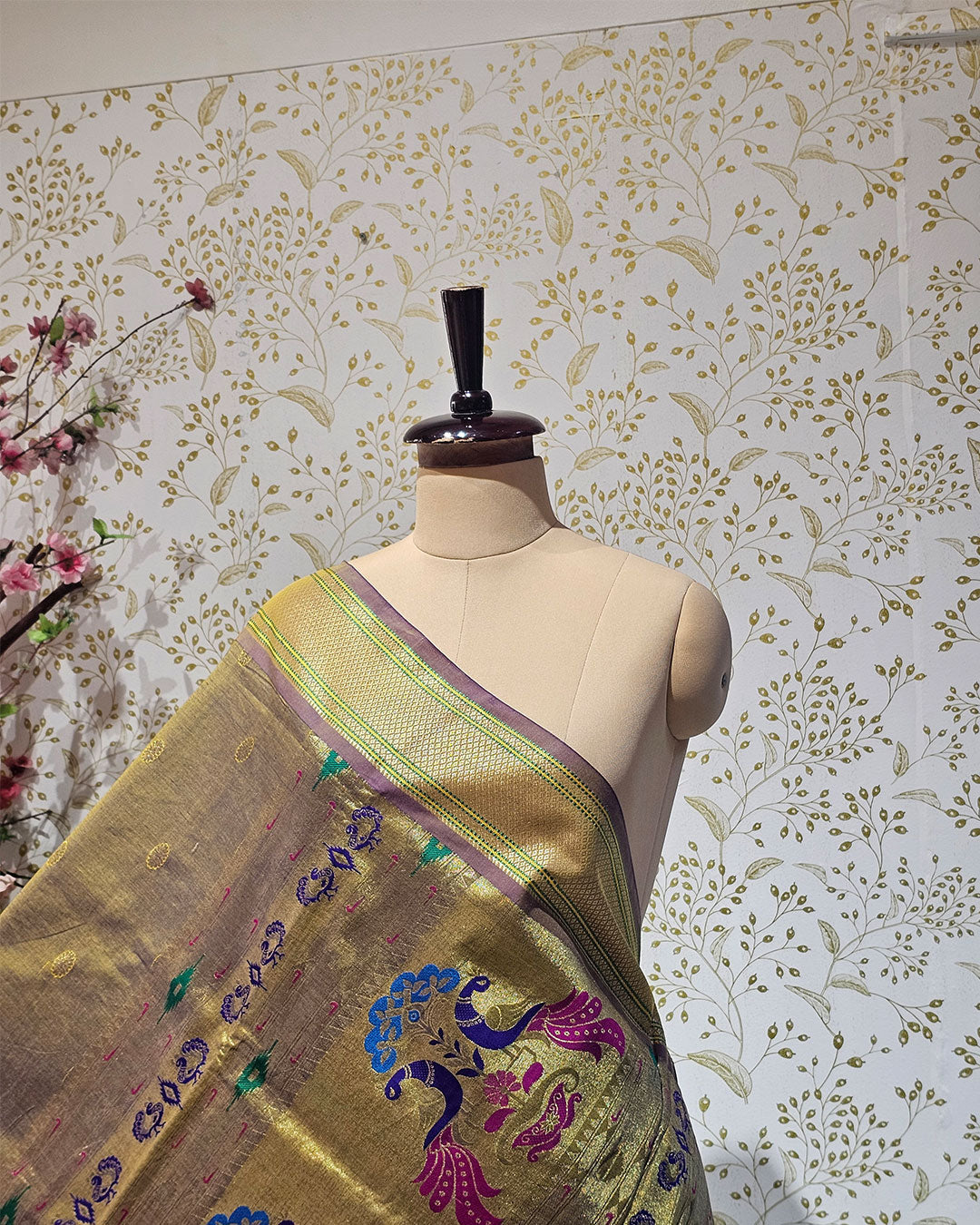 Cotton Paithani Saree  Pure Cotton with Narali Border & Peacock Single Pallu