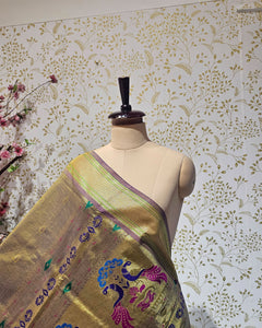 Cotton Paithani Saree  Pure Cotton with Narali Border & Peacock Single Pallu