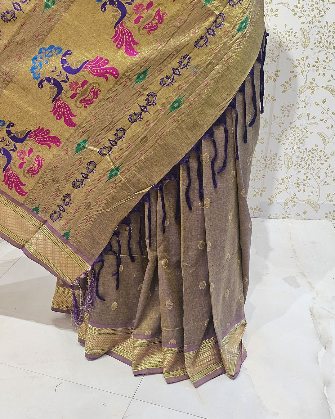 Cotton Paithani Saree  Pure Cotton with Narali Border & Peacock Single Pallu