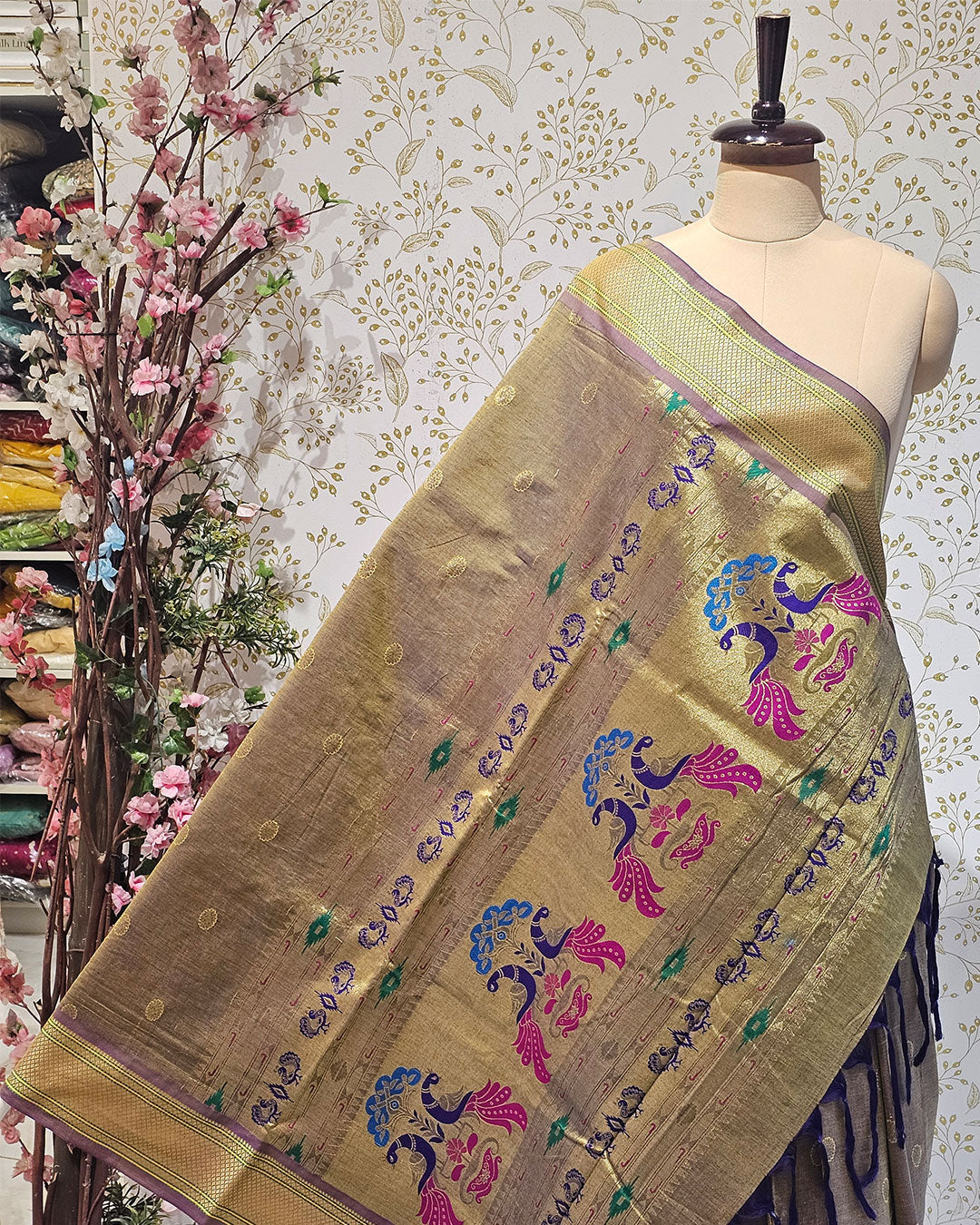 Cotton Paithani Saree  Pure Cotton with Narali Border & Peacock Single Pallu