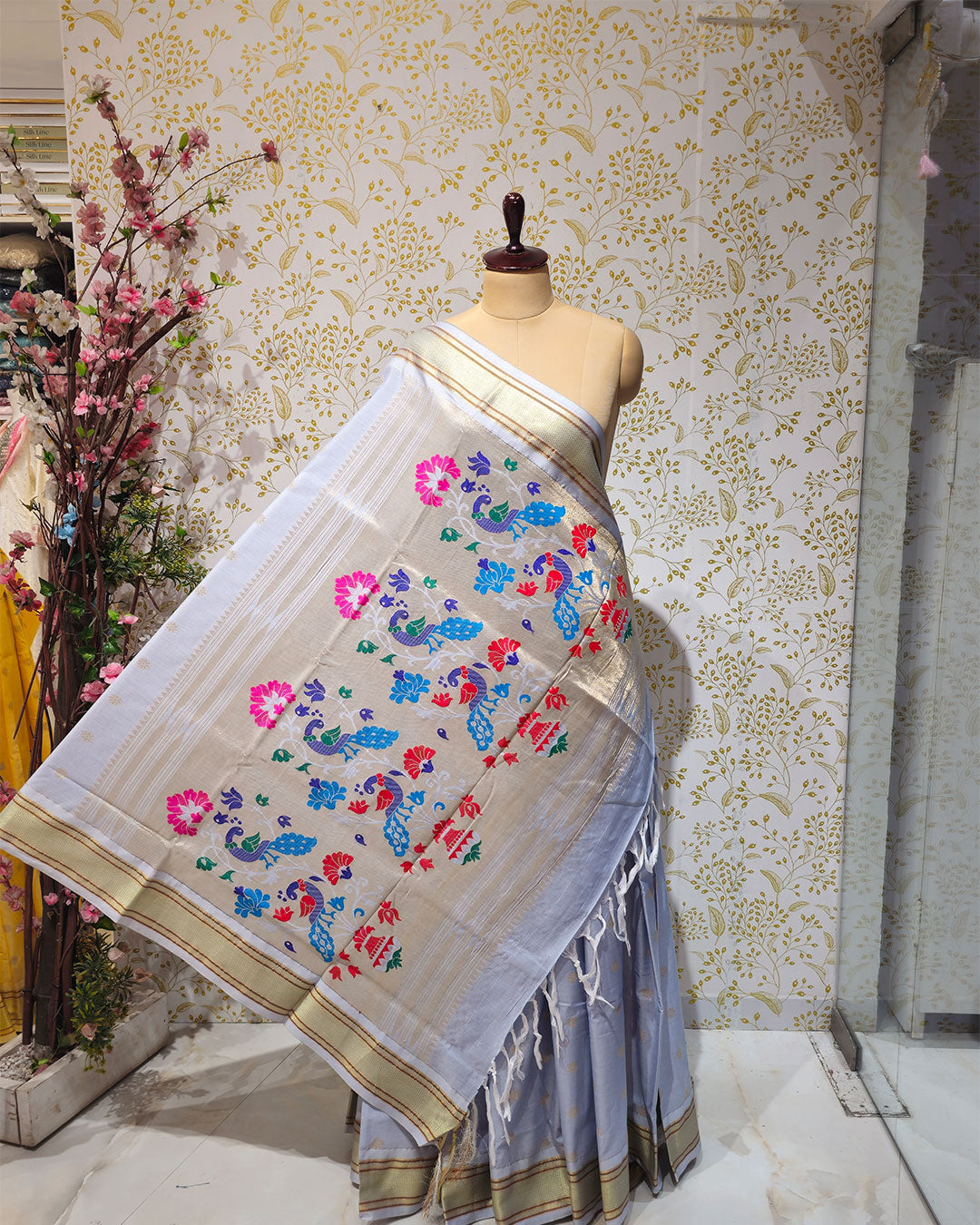 Cotton Paithani Saree  Pure Cotton with Narali Border & Peacock Double Pallu