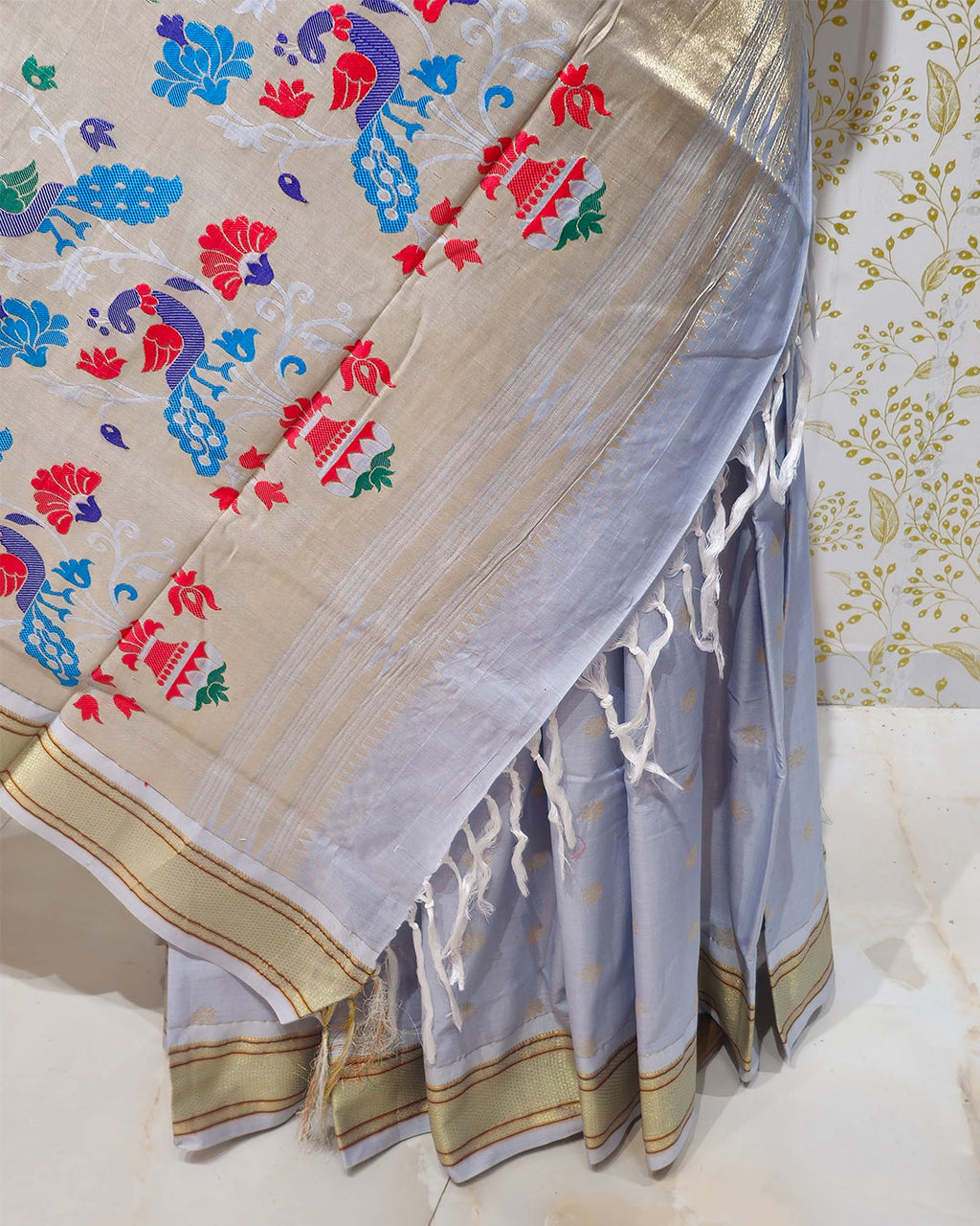 Cotton Paithani Saree  Pure Cotton with Narali Border & Peacock Double Pallu