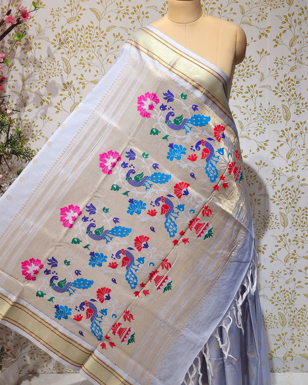 Cotton Paithani Saree  Pure Cotton with Narali Border & Peacock Double Pallu