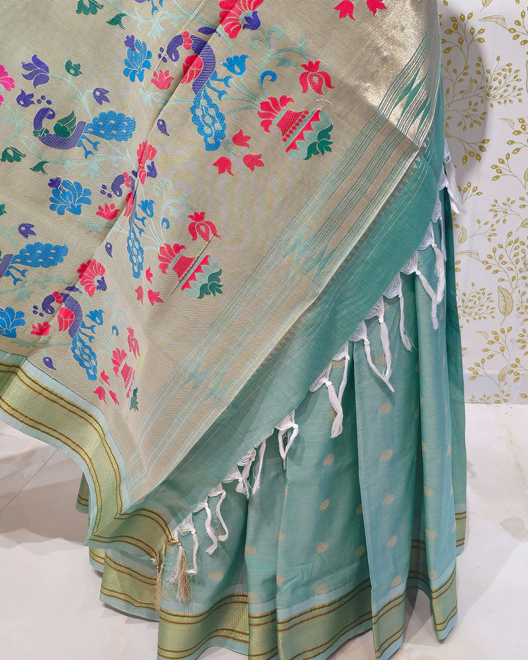 Cotton Paithani Saree  Pure Cotton with Narali Border & Peacock Double Pallu