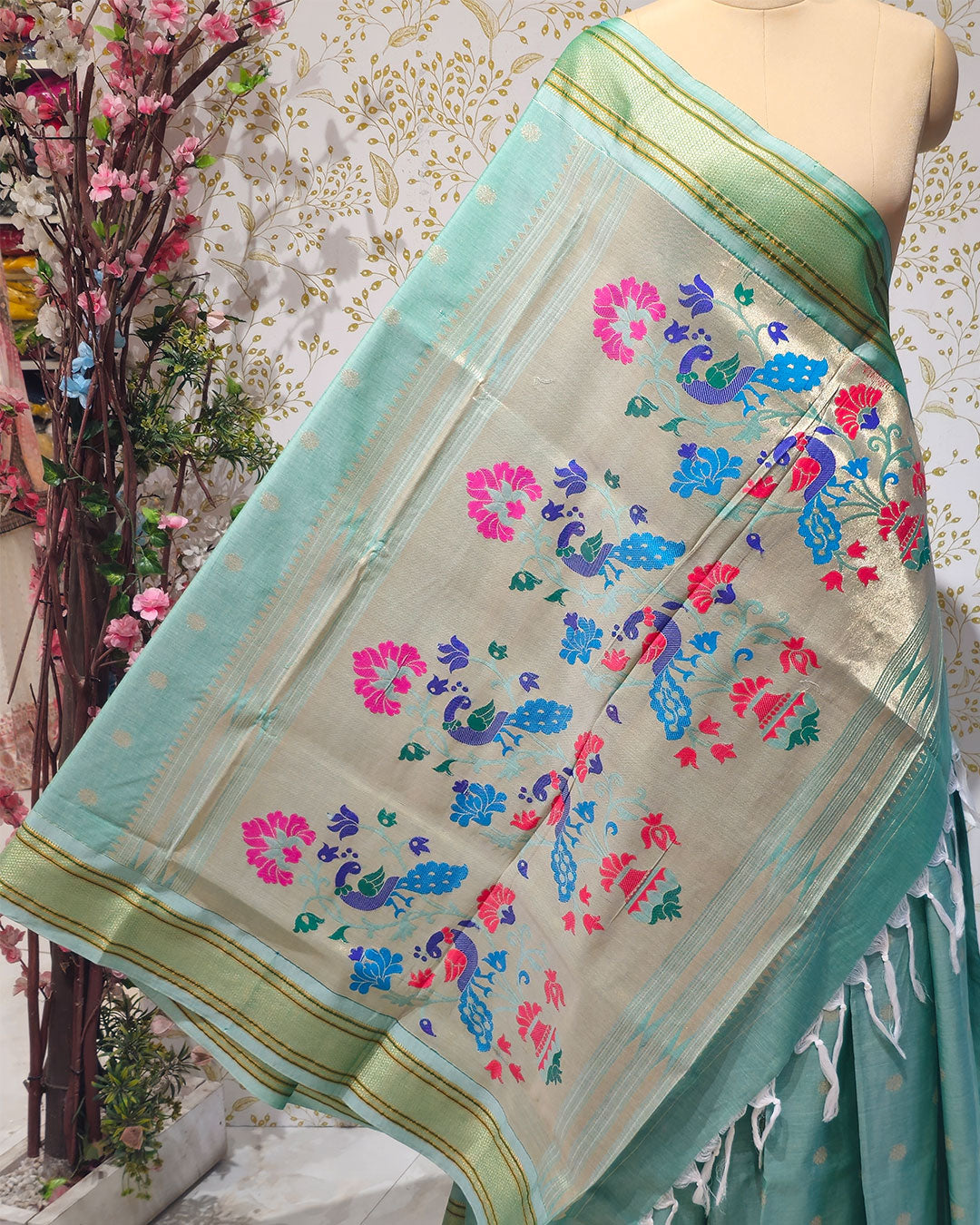 Cotton Paithani Saree  Pure Cotton with Narali Border & Peacock Double Pallu