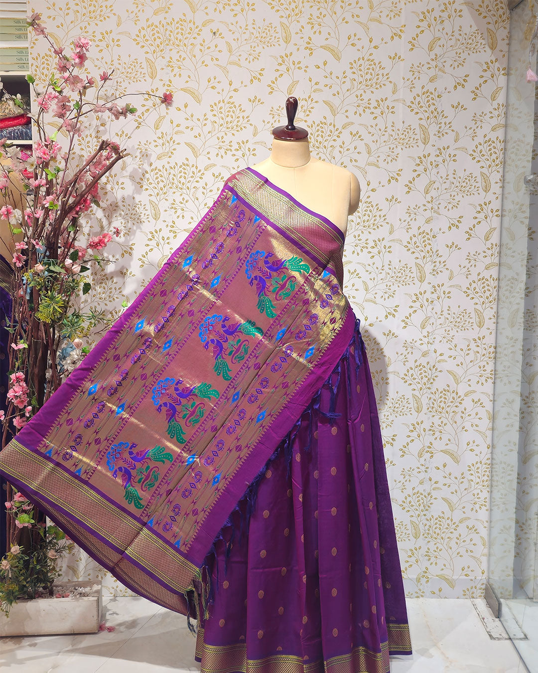 Cotton Paithani Saree  Pure Cotton with Narali Border & Peacock Single Pallu