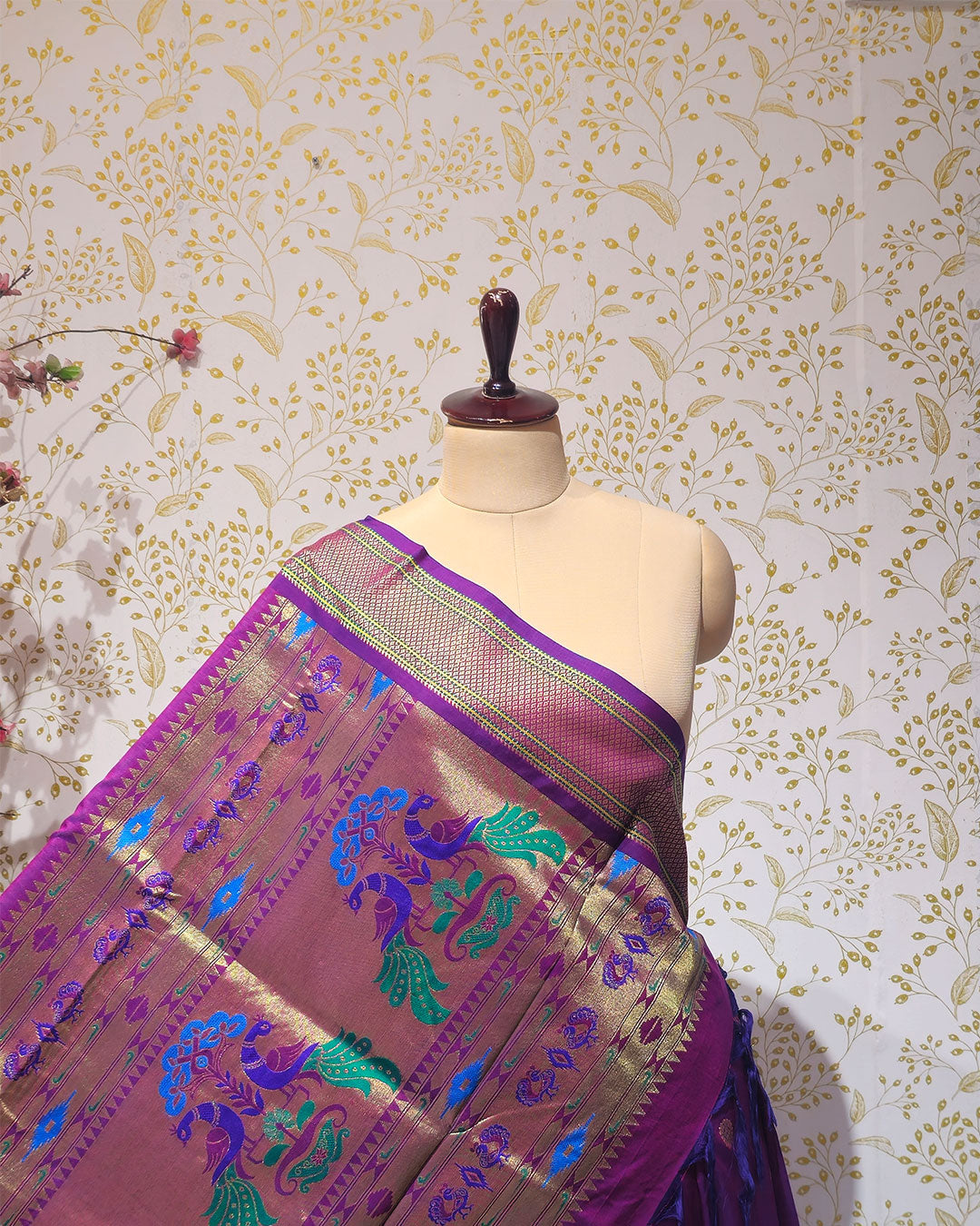 Cotton Paithani Saree  Pure Cotton with Narali Border & Peacock Single Pallu