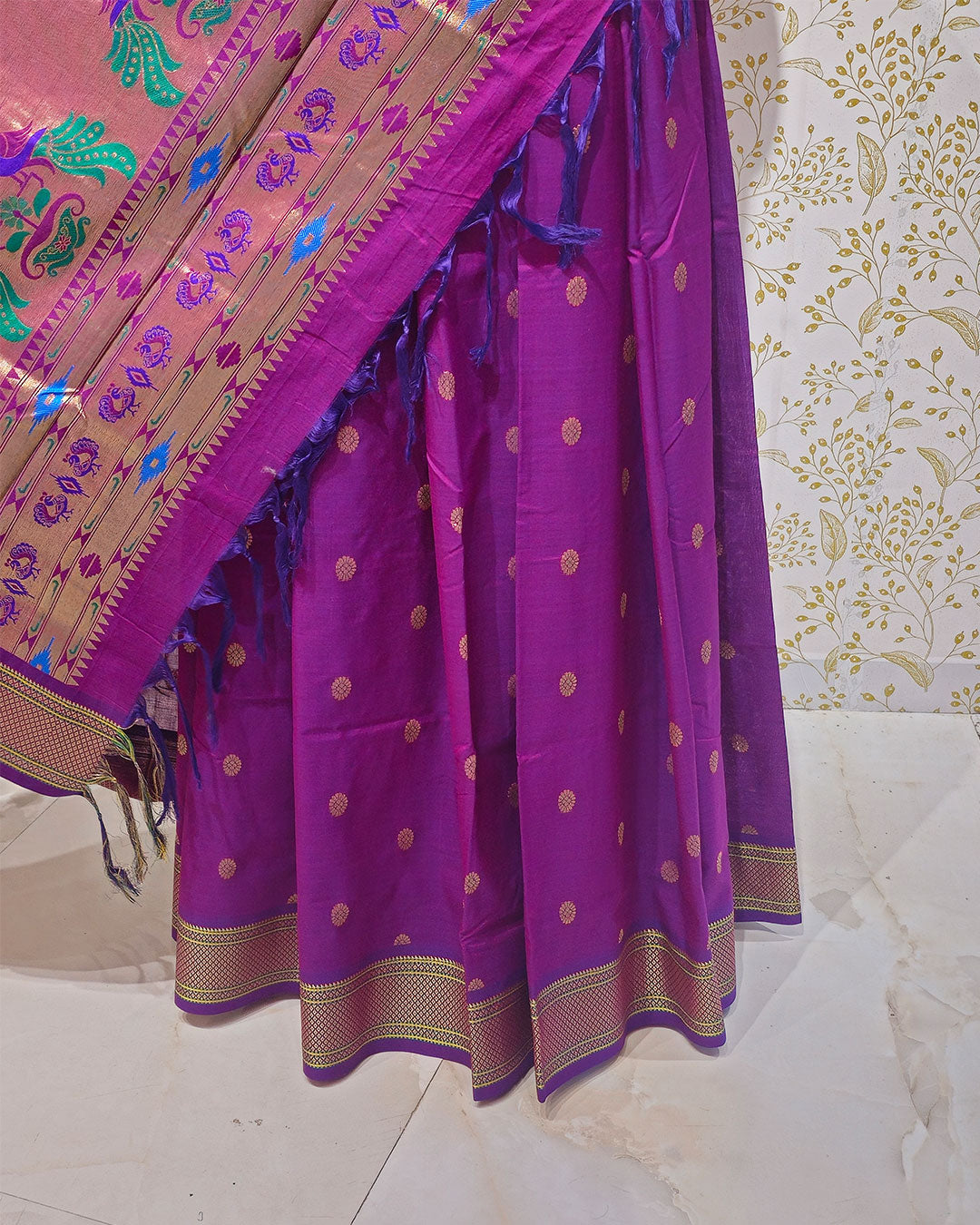 Cotton Paithani Saree  Pure Cotton with Narali Border & Peacock Single Pallu