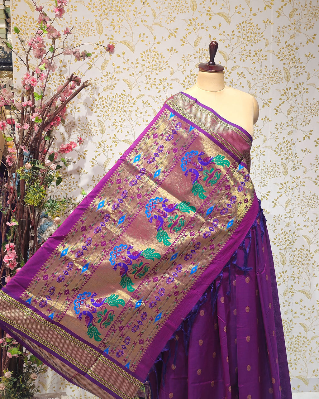 Cotton Paithani Saree  Pure Cotton with Narali Border & Peacock Single Pallu