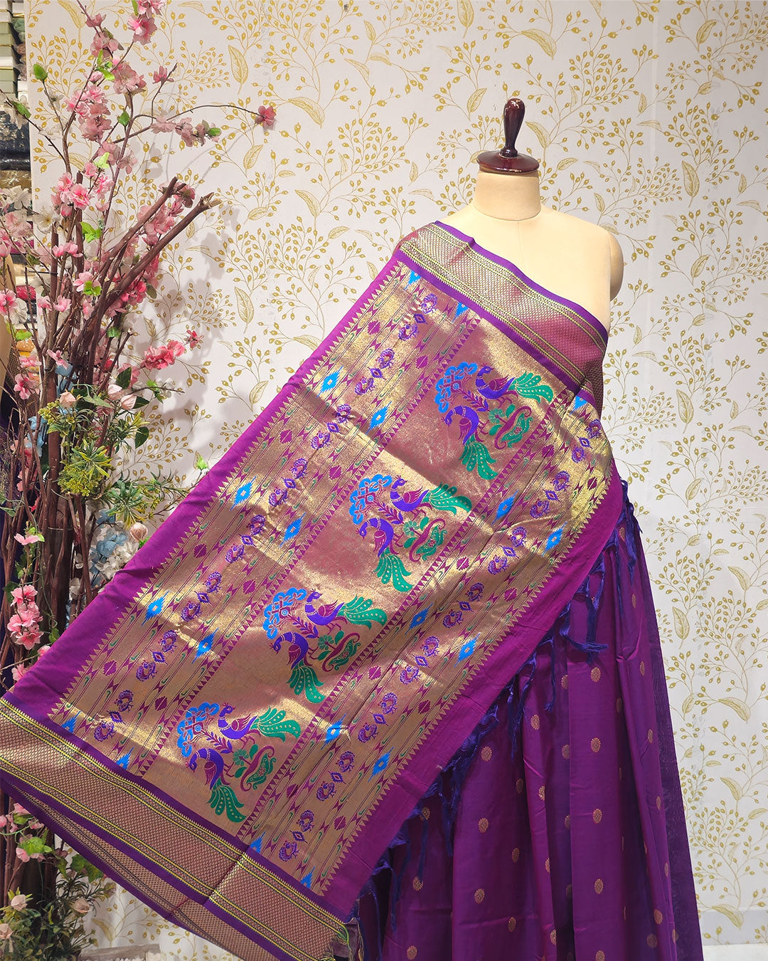 Cotton Paithani Saree  Pure Cotton with Narali Border & Peacock Single Pallu