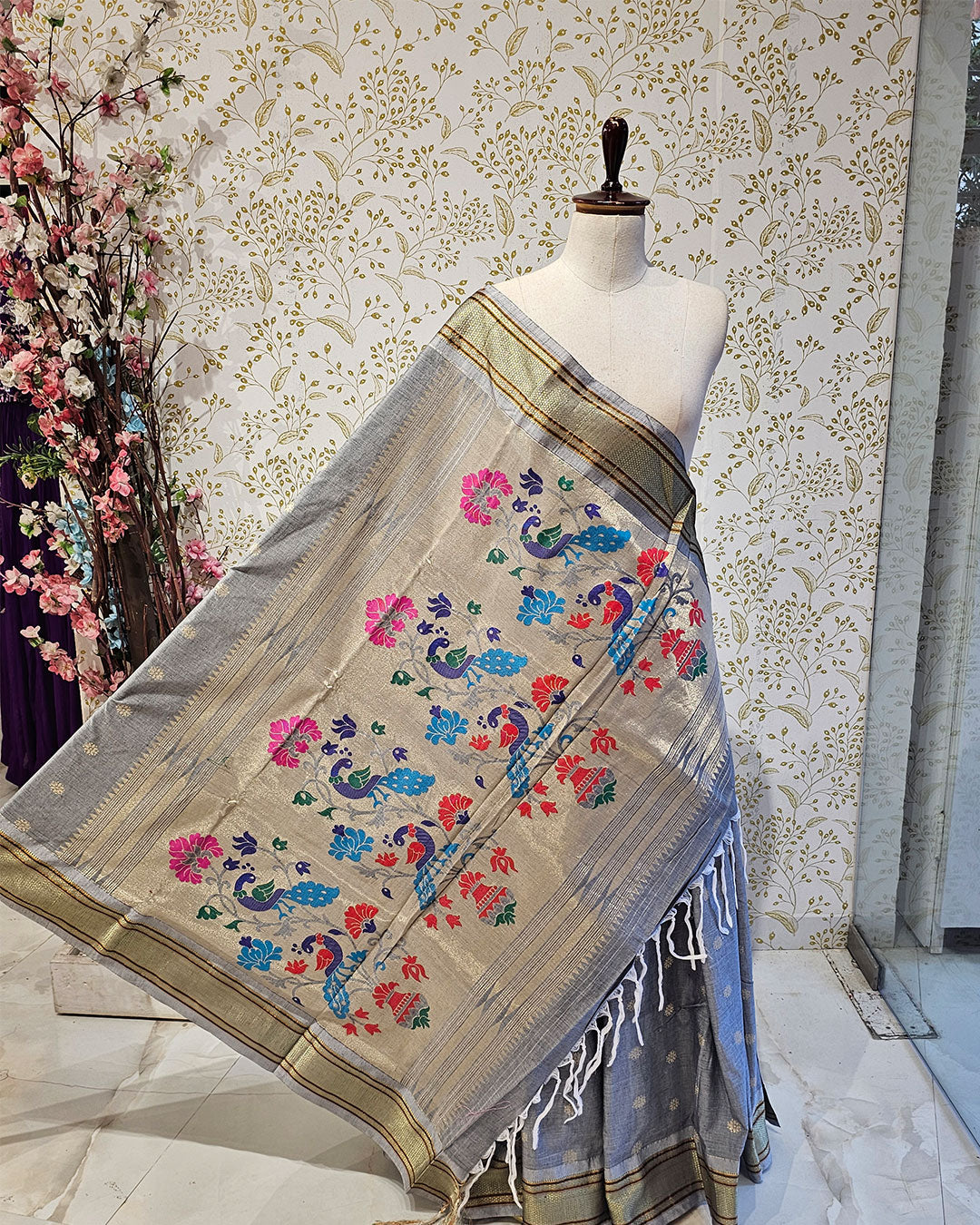 Cotton Paithani Saree  Pure Cotton with Narali Border & Peacock Double Pallu