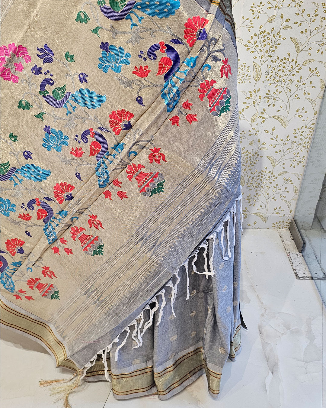 Cotton Paithani Saree  Pure Cotton with Narali Border & Peacock Double Pallu