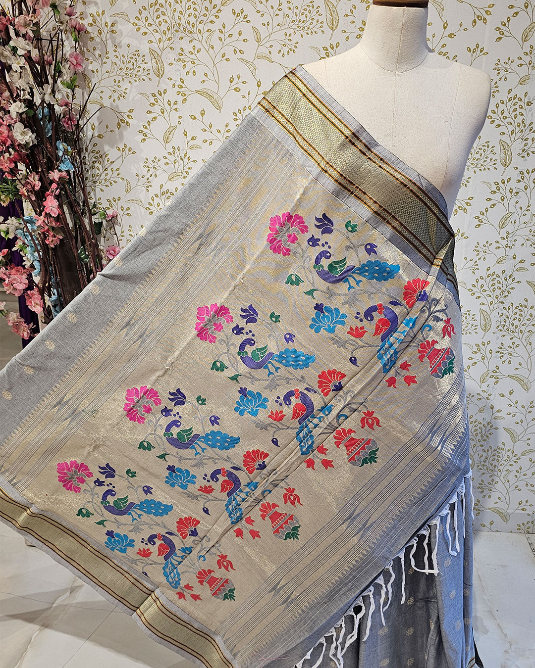 Cotton Paithani Saree  Pure Cotton with Narali Border & Peacock Double Pallu