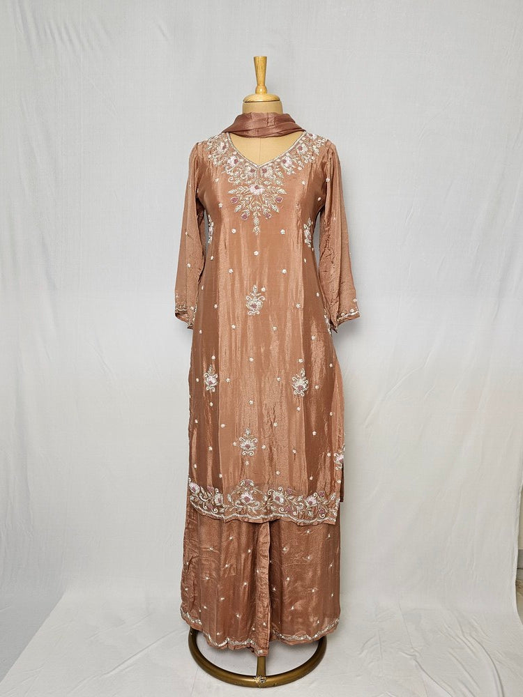 Embroidered Chiffon Kurta Palazzo Set with Zari Detailing