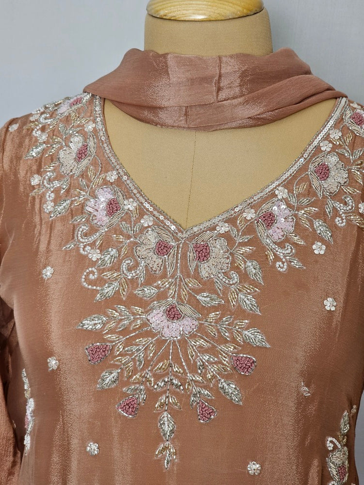 Embroidered Chiffon Kurta Palazzo Set with Zari Detailing