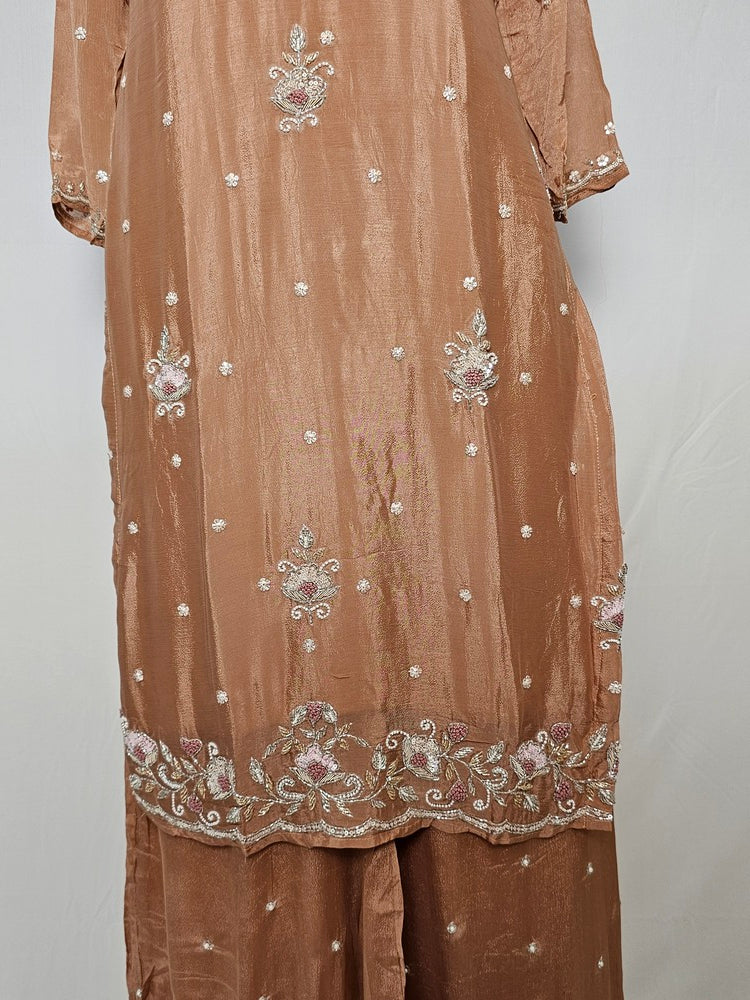 Embroidered Chiffon Kurta Palazzo Set with Zari Detailing