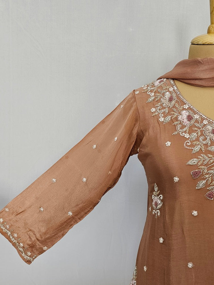 Embroidered Chiffon Kurta Palazzo Set with Zari Detailing