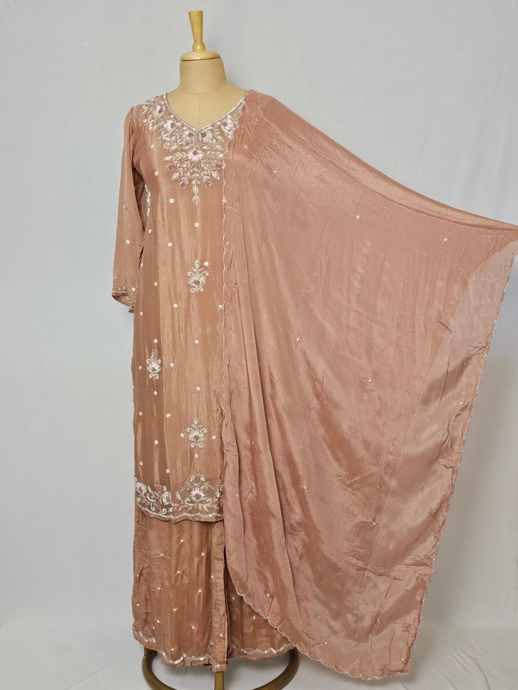 Embroidered Chiffon Kurta Palazzo Set with Zari Detailing