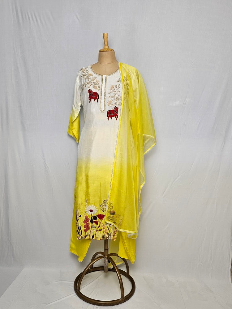 Silk Hand-Embroidered Kurta Set with Organza Dupatta