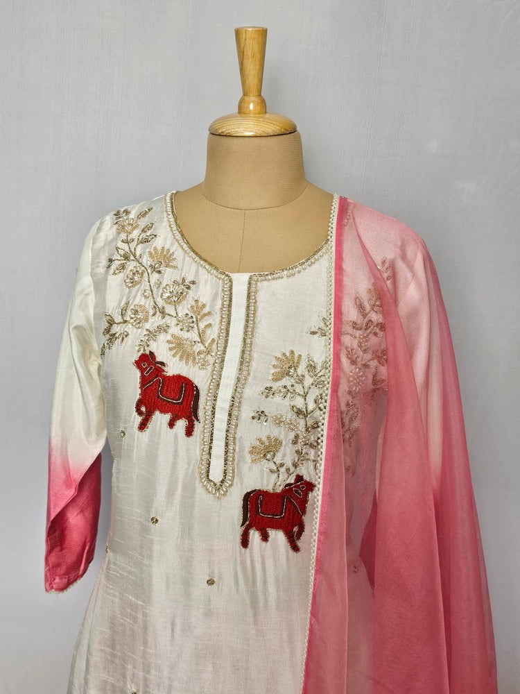 Silk Hand-Embroidered Kurta Set with Organza Dupatta