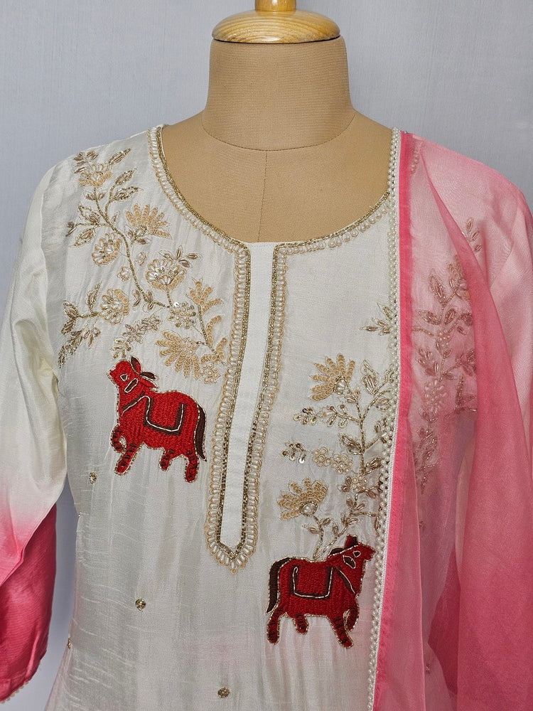 Silk Hand-Embroidered Kurta Set with Organza Dupatta