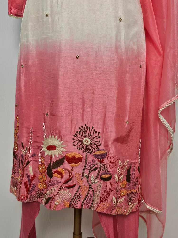 Silk Hand-Embroidered Kurta Set with Organza Dupatta
