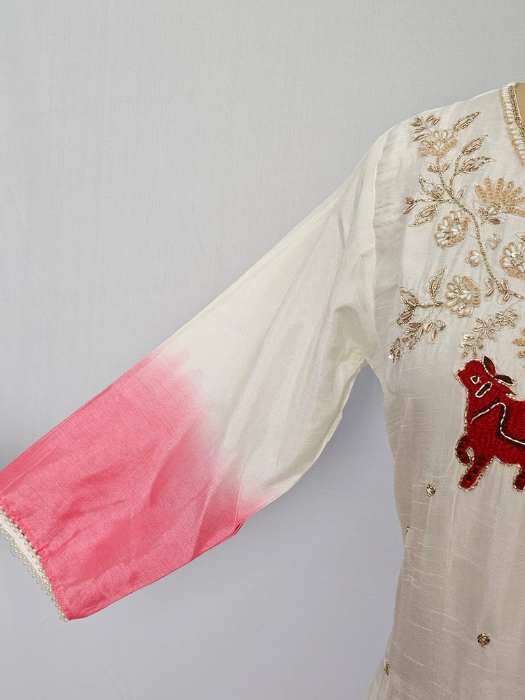 Silk Hand-Embroidered Kurta Set with Organza Dupatta