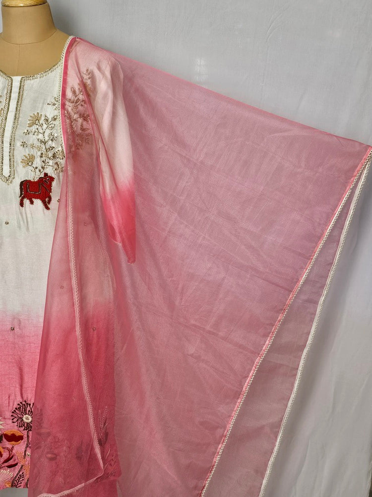 Silk Hand-Embroidered Kurta Set with Organza Dupatta