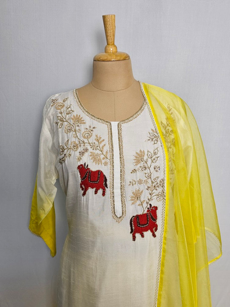 Silk Hand-Embroidered Kurta Set with Organza Dupatta
