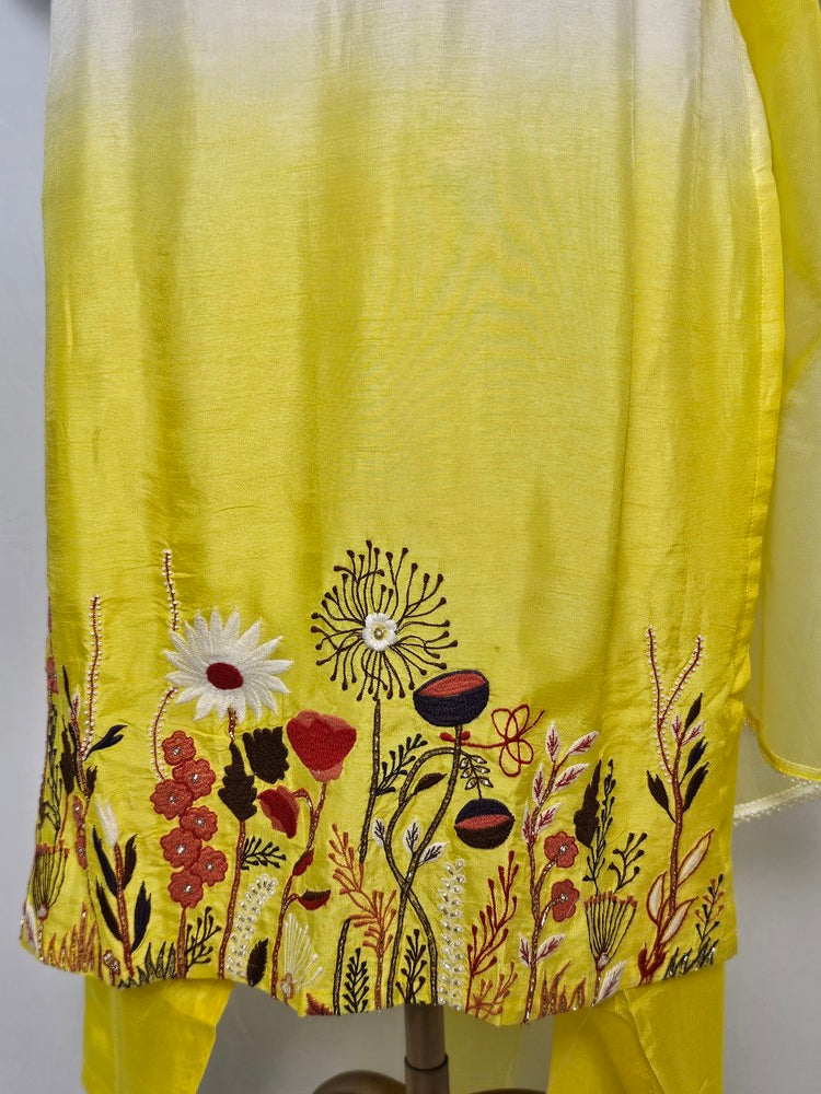 Silk Hand-Embroidered Kurta Set with Organza Dupatta