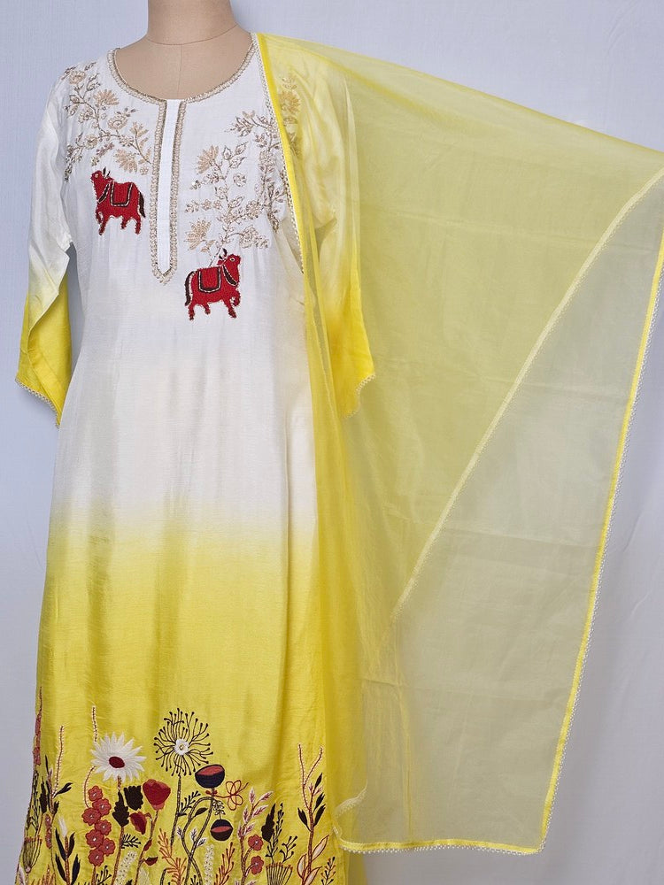 Silk Hand-Embroidered Kurta Set with Organza Dupatta