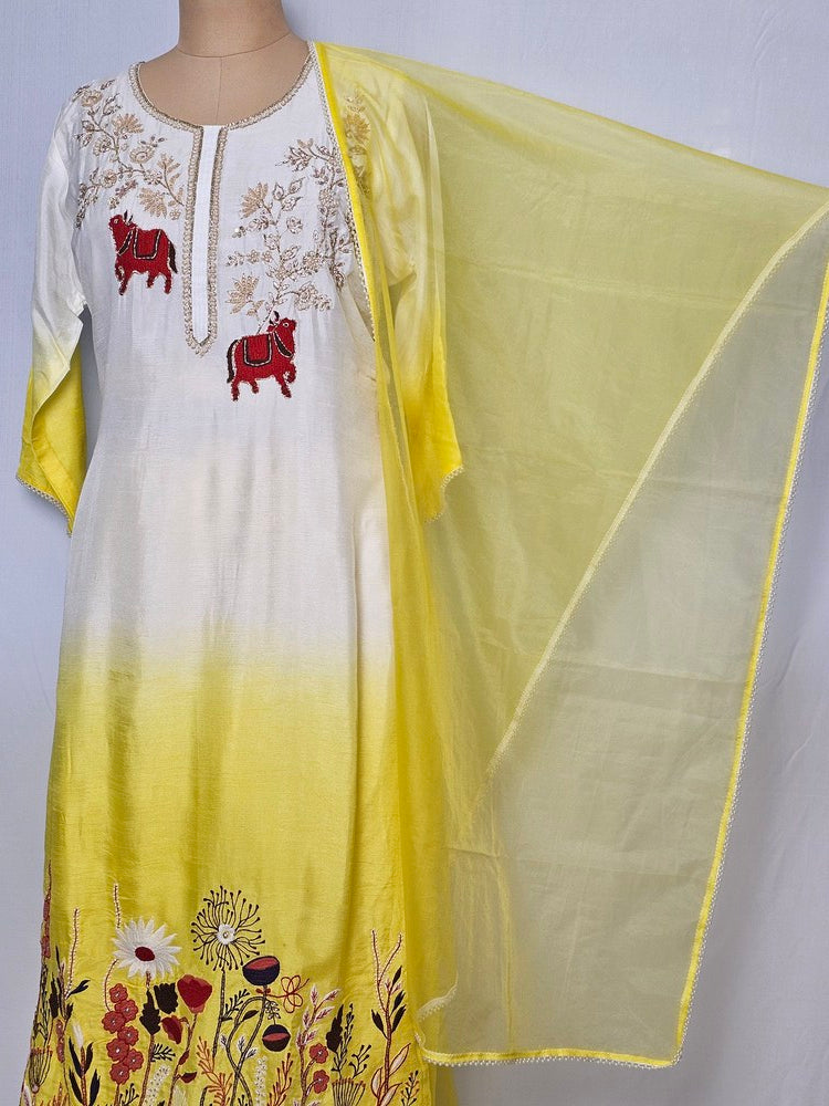 Silk Hand-Embroidered Kurta Set with Organza Dupatta