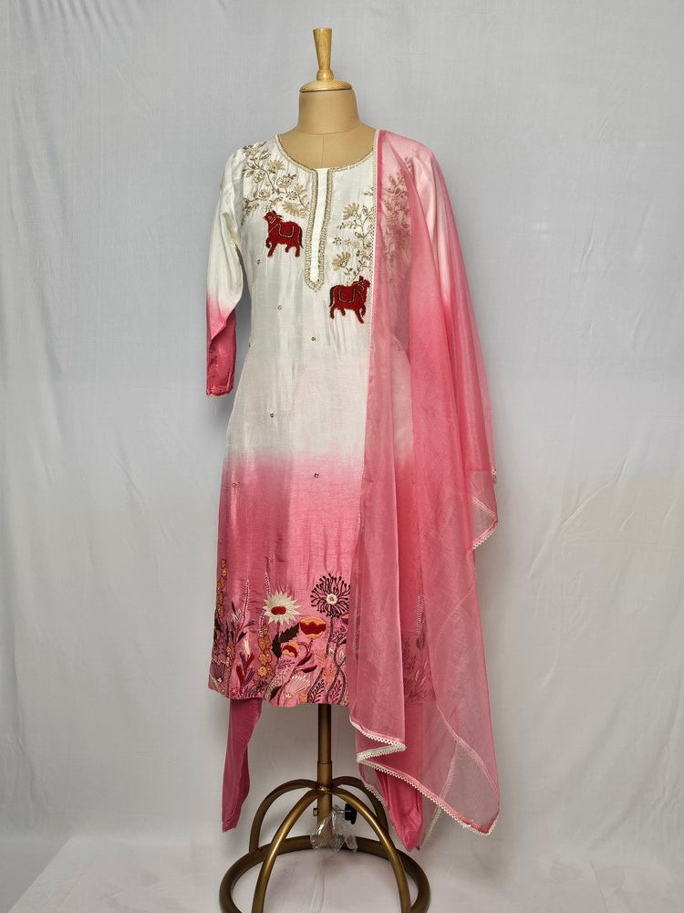 Silk Hand-Embroidered Kurta Set with Organza Dupatta