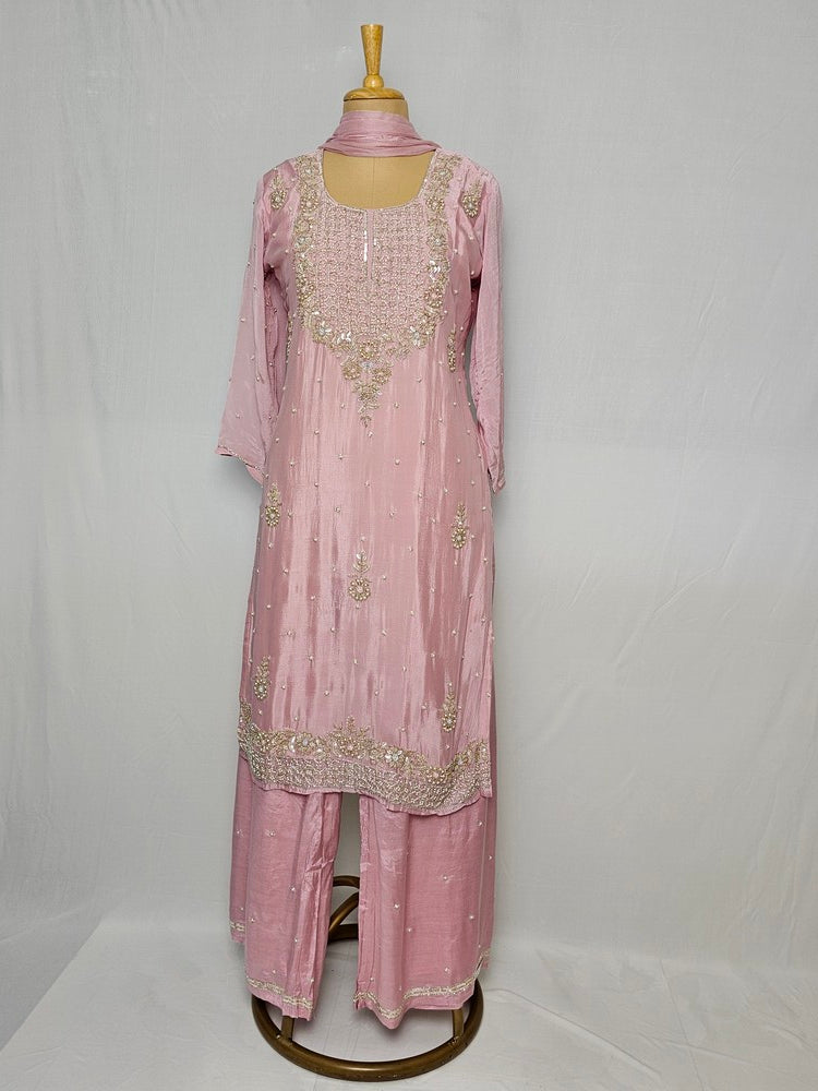 Chiffon Kurta Set with Cutdana & Pearl Floral Handwork
