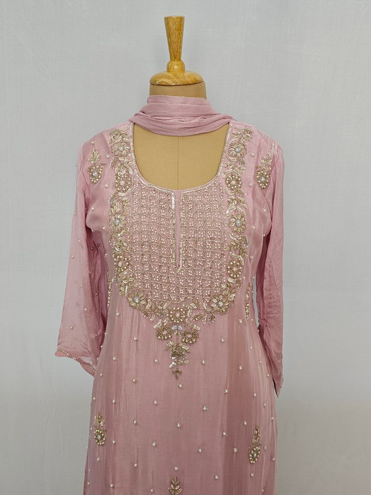 Chiffon Kurta Set with Cutdana & Pearl Floral Handwork
