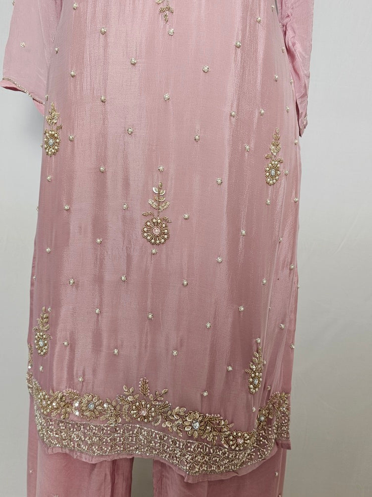 Chiffon Kurta Set with Cutdana & Pearl Floral Handwork